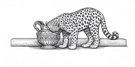 Leopard drinking from the sacrificial pitcher